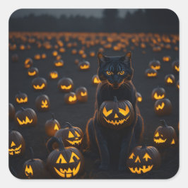 En Halloween-katt med en lysande pumpa Fyrkantigt Klistermärke