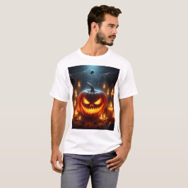en halloween-pumpa med en skrämmande ansikte i mit t shirt