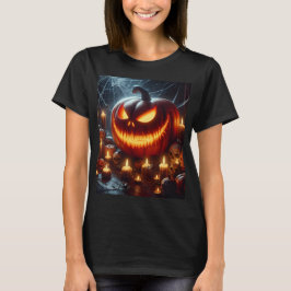 en halloween-pumpa med en skrämmande ansikte i mit t shirt