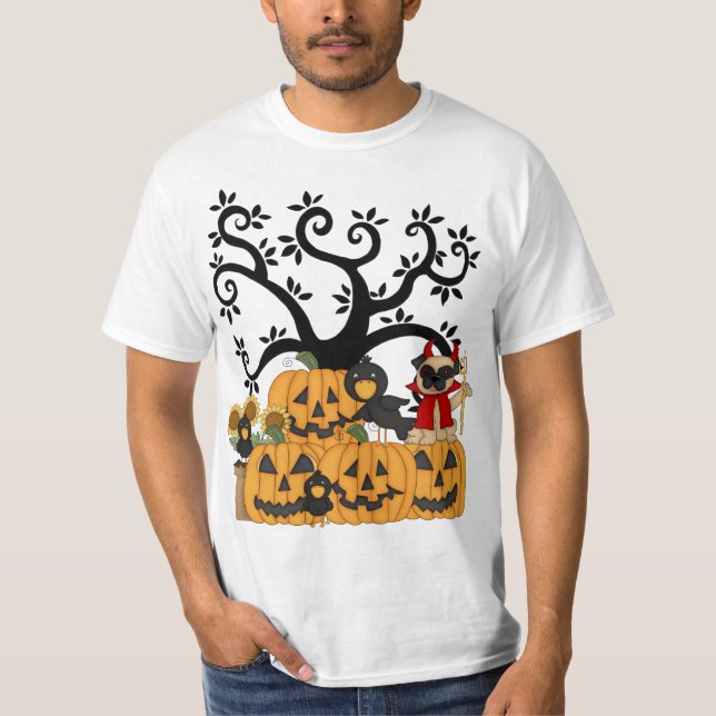 En Halloween pumpor, svart fåglar och mopshund T-shirt (Framsida)