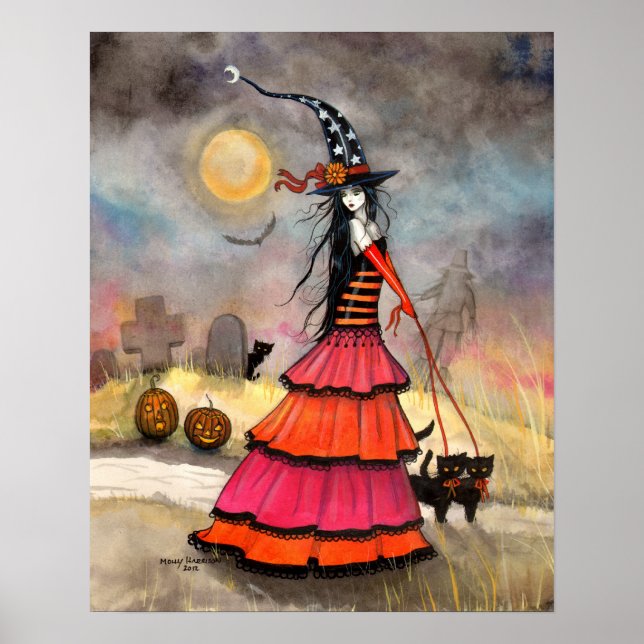 En Halloween Stroll Fantasy Witch Svarta katter Po Poster (Framsidan)
