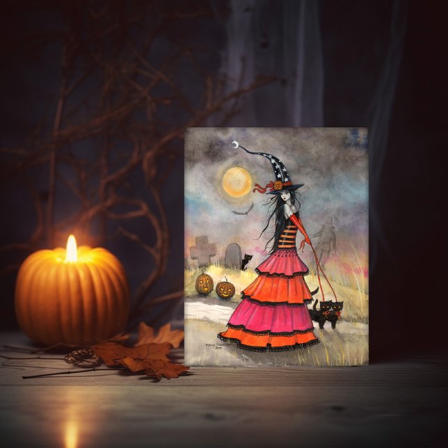 En Halloweenpromenad Fantasy Häxa och Katter Kort (Skapare uppladdad)