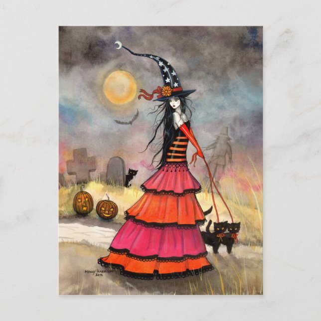 En Halloweenpromenad Häxa och svarta katter Konst Vykort (Framsida)