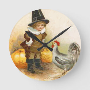 En happy thanksgiving vallfärdar och Plymouth sten Rund Klocka