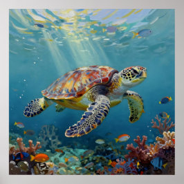 En havssköldpadda och solstrålar i det blå havet poster
