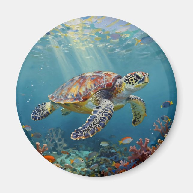 En havssköldpadda och solstrålar i det oceanblå magnet (Framsidan)