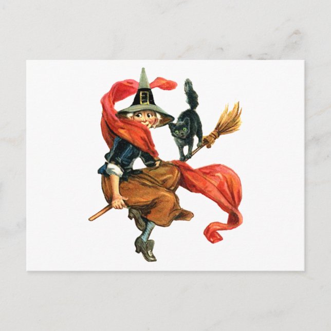 En häxa flyger på hennes rum med hennes svarta kat vykort (Framsida)