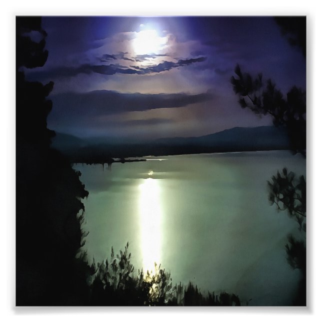 En hel måne som reflekterar över Egeiska havets na Fototryck (Framsidan)