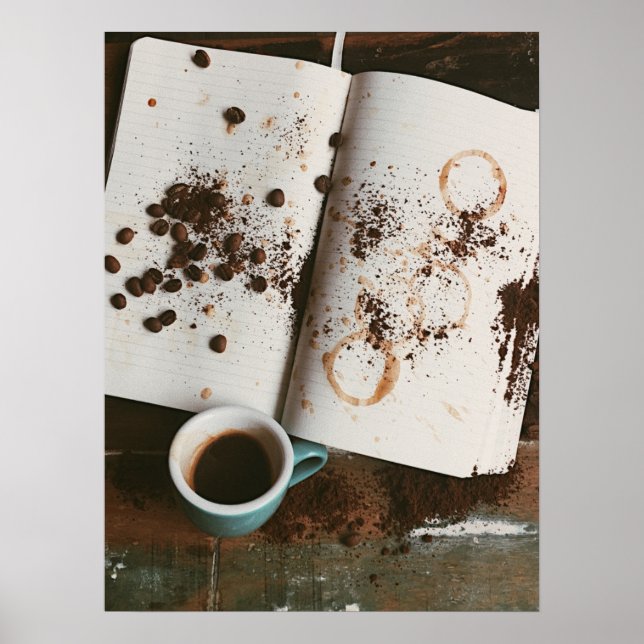 En Hett  kaffe med Nedfläckad Bok och bönor Poster (Framsidan)