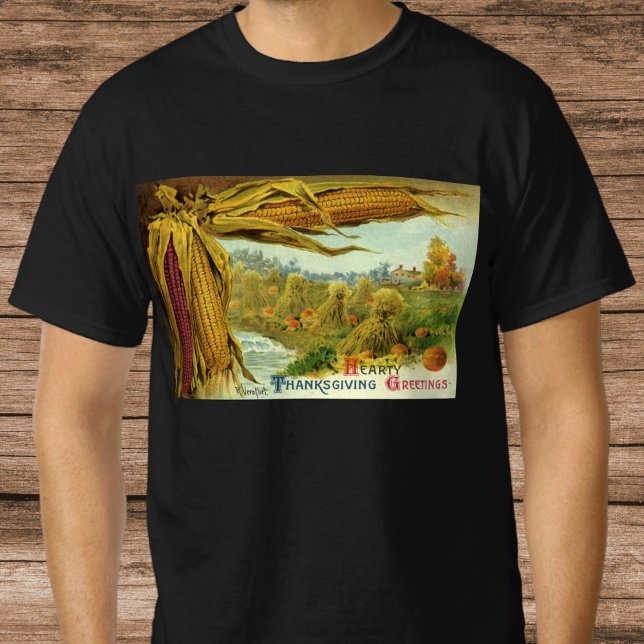 En hjärtlig tacksägelse; indiansk majs och höstack tee shirt (A Hearty Thanksgiving; Indian Corn and Haystacks T-Shirt)