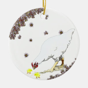 En höna och chickar julgransprydnad keramik