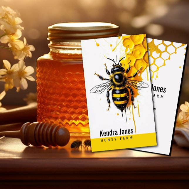 En honung av honung av bisamhälle i gult Stänk Visitkort (Sweet Simplicity #honeybusinesscard #honeyfarm #wax #beeillustration #yellowandblackcard)
