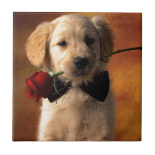 En Hund med blomma Kakelplatta