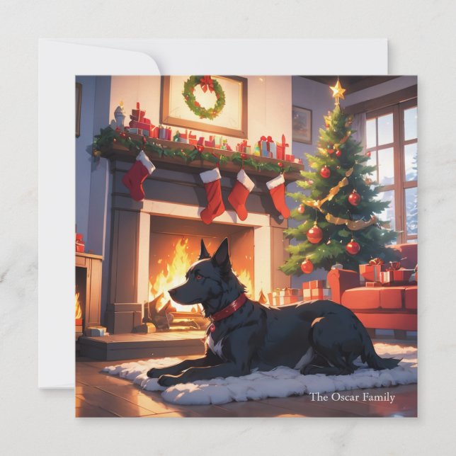 En Hund med Julgran och eldstad Julkort (Framsida)