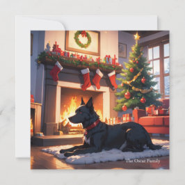 En Hund med Julgran och eldstad Julkort