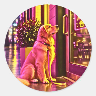 En hund som väntar på sin ägare framför en butik. runt klistermärke