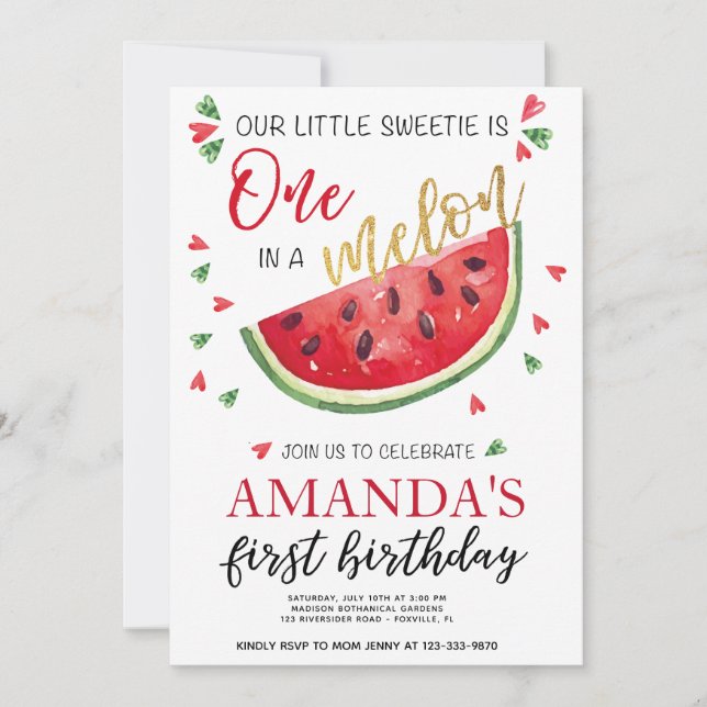 En i en 1st födelsedag för melonsommarflicka inbjudningar (Framsida)