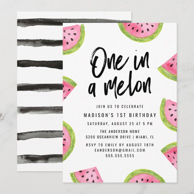En i en melon 1-års födelsedagsfest inbjudningar (Fram/baksida)