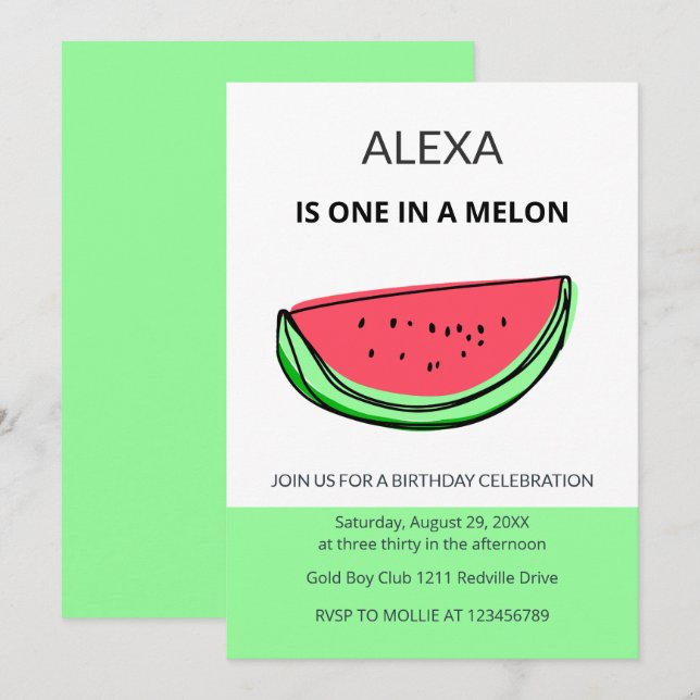En i en melon 1-års födelsedagsvattenmelon Födelse Inbjudningar (Fram/baksida)