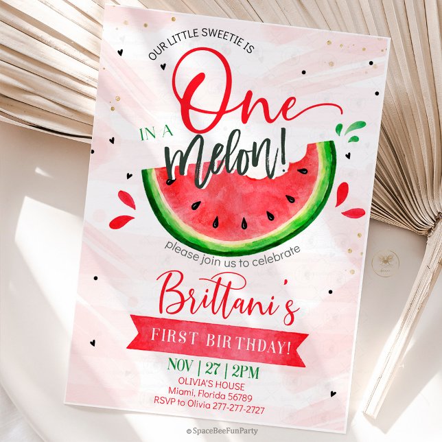 En i en melon 1-årsdag inbjudningar (Celebrate your little sweetheart’s first birthday with this adorable “One in a Melon” watermelon-the)