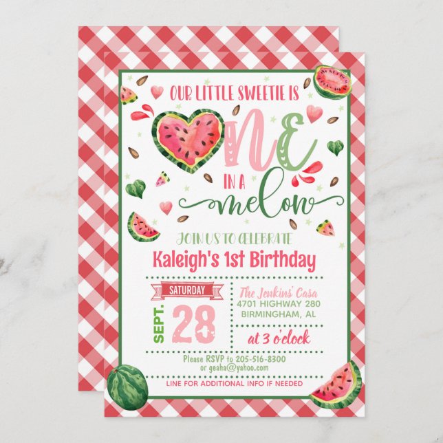 En i en Melon Birthday-inbjudan - Gingham Inbjudningar (Fram/baksida)
