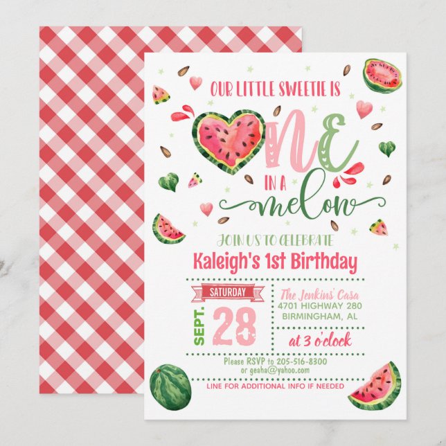 En i en Melon Birthday-inbjudan - Gingham Inbjudningar (Fram/baksida)