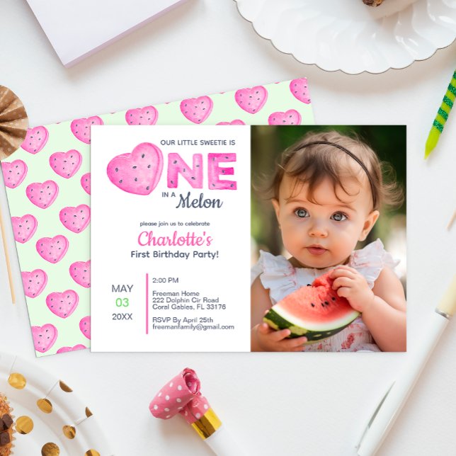 En i en Melon Girl Photo 1st Birthday-inbjudan Inbjudningar (Skapare uppladdad)