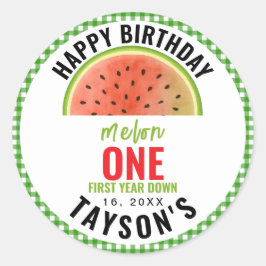 En i en melon glittervattenmelon 1-årsfest runt klistermärke
