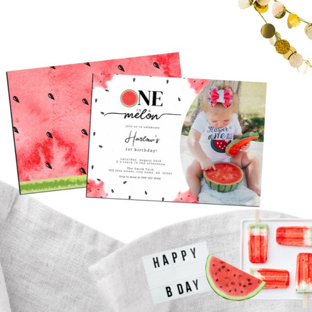 En i en Melon Photo 1st Birthday-inbjudan Inbjudningar (Skapare uppladdad)
