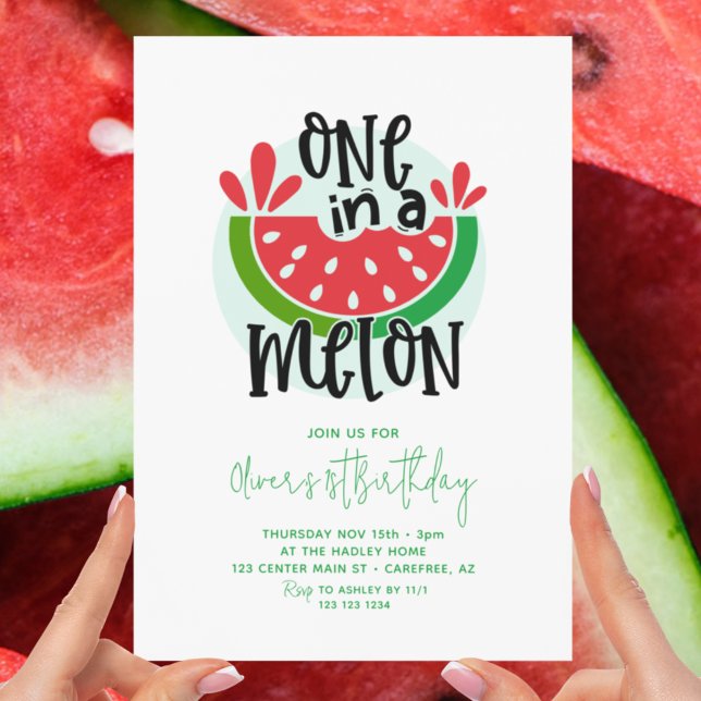 En i en melon röd grön 1-årsfest inbjudningar (Skapare uppladdad)