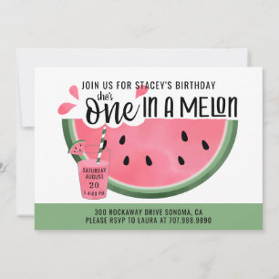 En i en melon Rosa Grön Akvarell 1-års födelsedag Inbjudningar