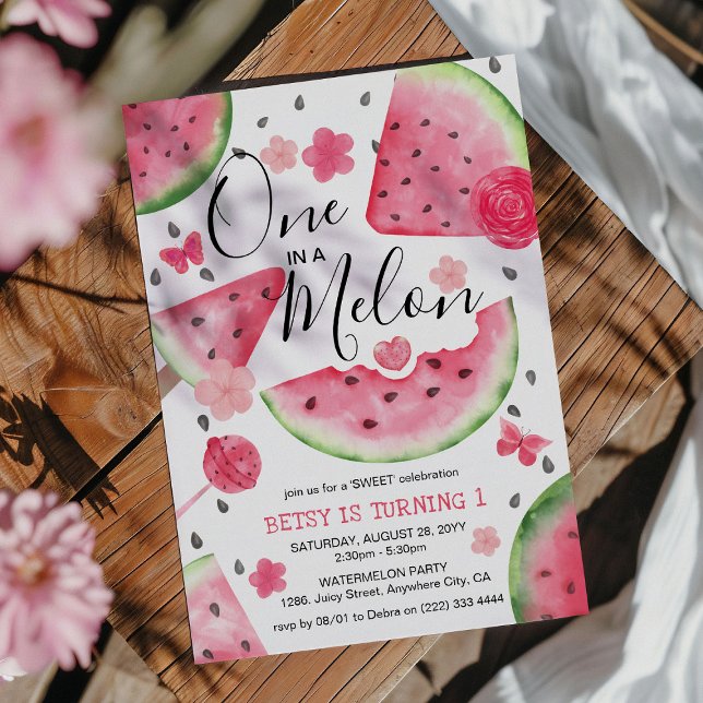 'En i en melon' Söt vattenmelon-flicka 1-årsdag Inbjudningar (Skapare uppladdad)
