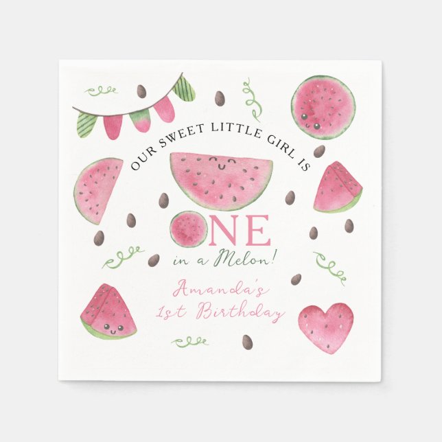 En i en melon Söt vattenmelonflicka 1-årsdag Pappersservett (Framsidan)