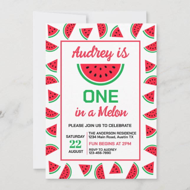 En i en melon-vattenmelon 1-års födelsedag inbjudningar (Framsida)
