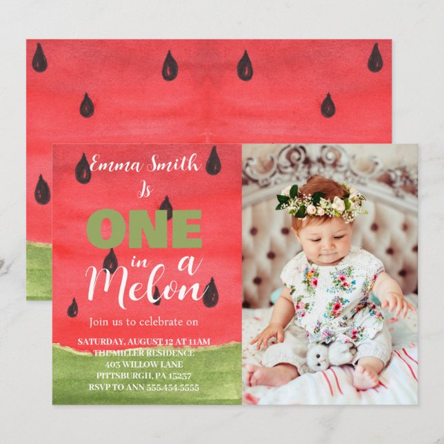 En i en melon-vattenmelon 1-års födelsedagsfoto inbjudningar (Fram/baksida)