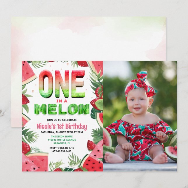 En i en melon-vattenmelon 1-års födelsedagsfoto inbjudningar (Fram/baksida)