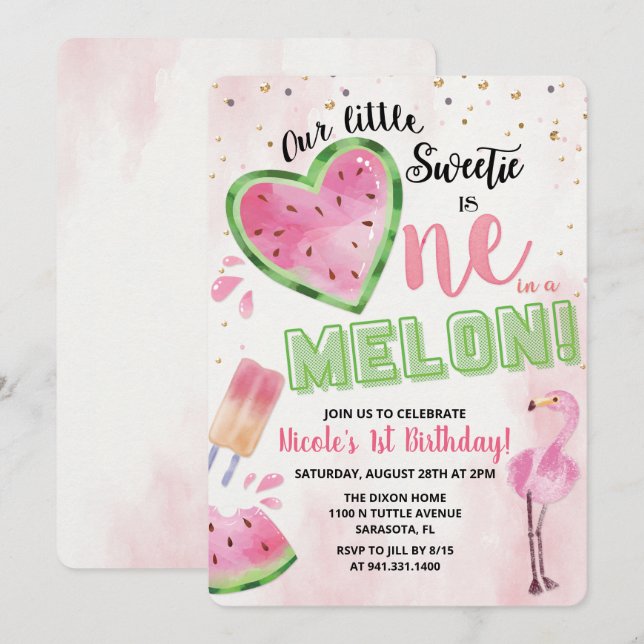 En i en Melon Vattenmelon 1-års Födelsedagsinbjuda Inbjudningar (Fram/baksida)