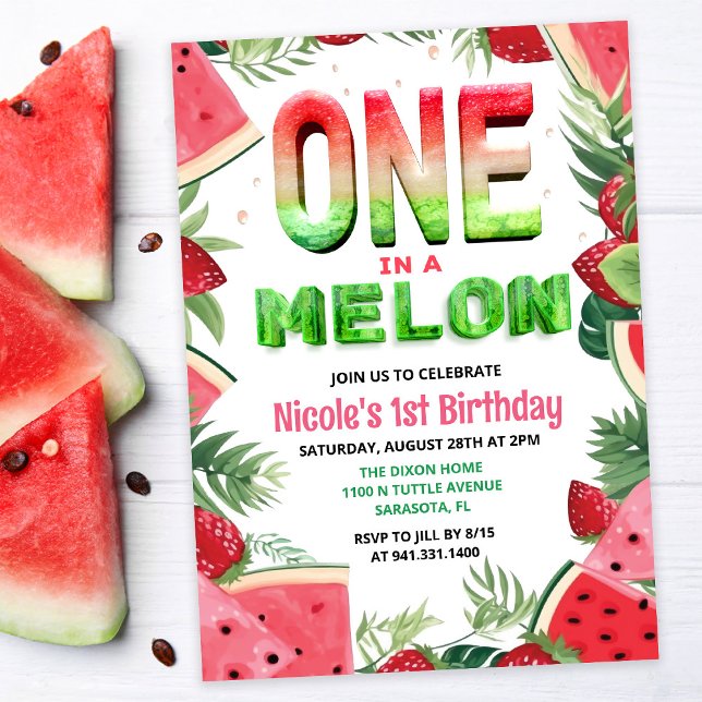 En i en melon-vattenmelon 1-års födelsedagsinbjuda inbjudningar (Skapare uppladdad)