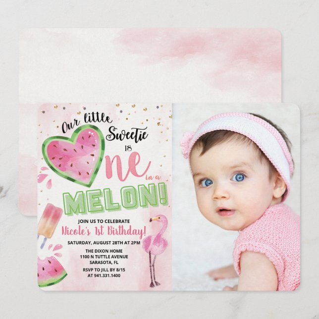 En i en Melon Vattenmelon 1-års Födelsedagsinbjuda Inbjudningar (Fram/baksida)