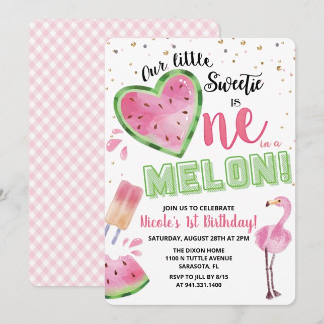 En i en Melon Vattenmelon 1-års Födelsedagsinbjuda Inbjudningar (Fram/baksida)