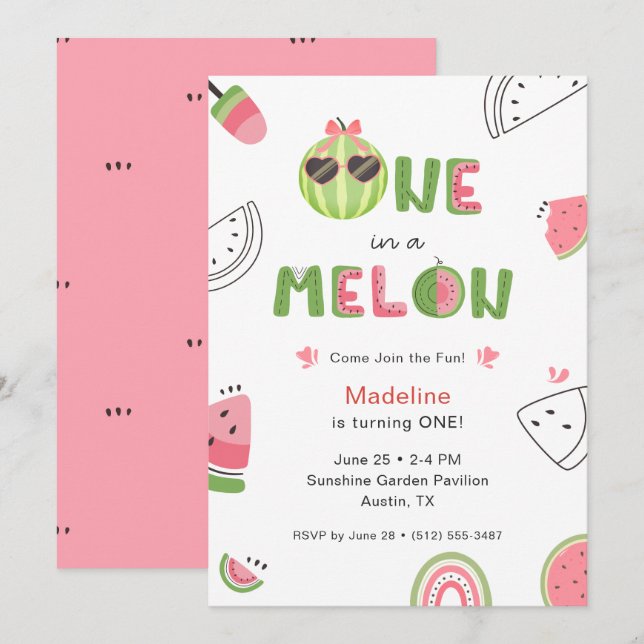 En i en melon vattenmelon Baby Flicka Första födel Inbjudningar (Fram/baksida)