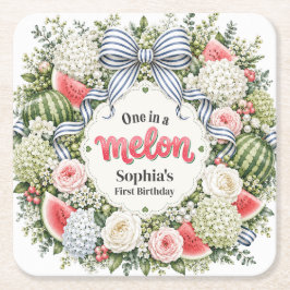 En i en Melon Vattenmelon Blommig Första Födelseda Underlägg Papper Kvadrat