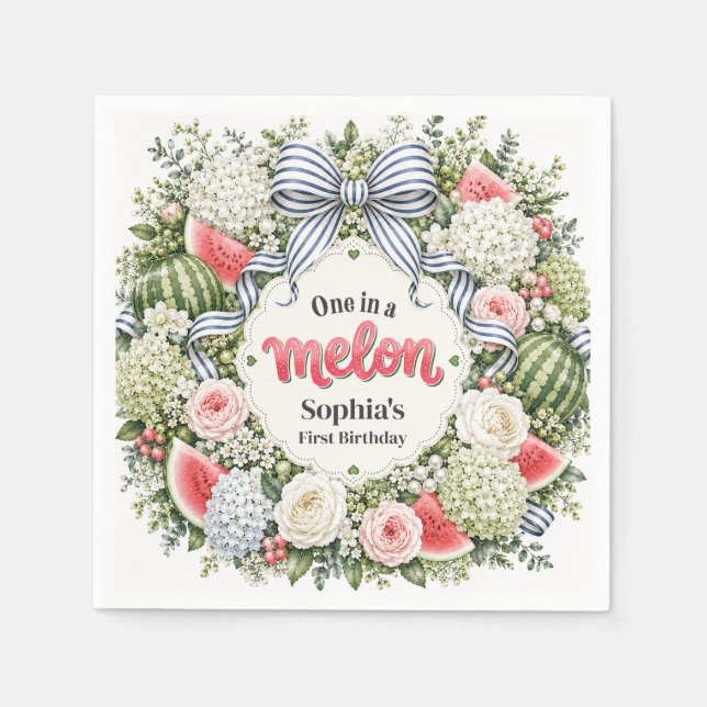 En i en melon-vattenmelon blomsterkrans pappersservett (Framsidan)