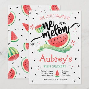 En i en melon Vattenmelon Flicka Första födelsedag Inbjudningar