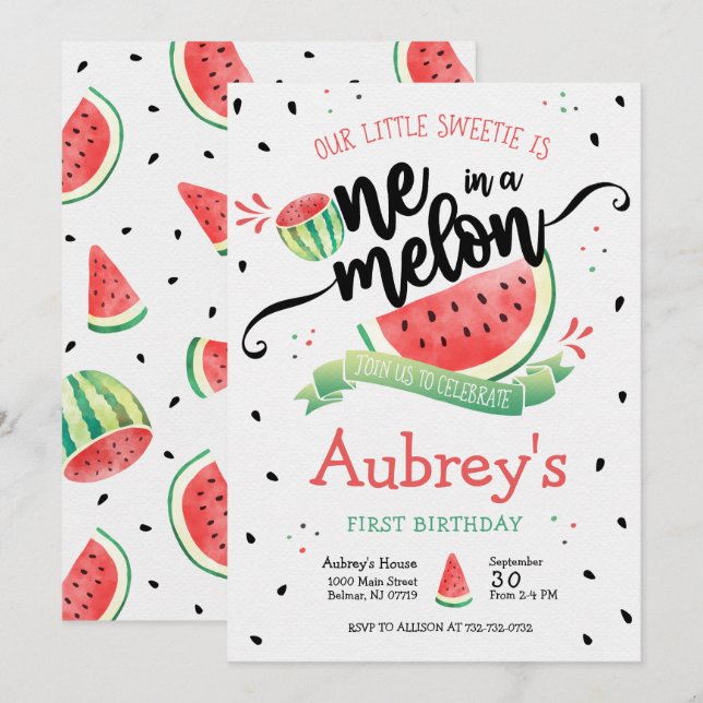 En i en melon Vattenmelon Flicka Första födelsedag Inbjudningar (Fram/baksida)