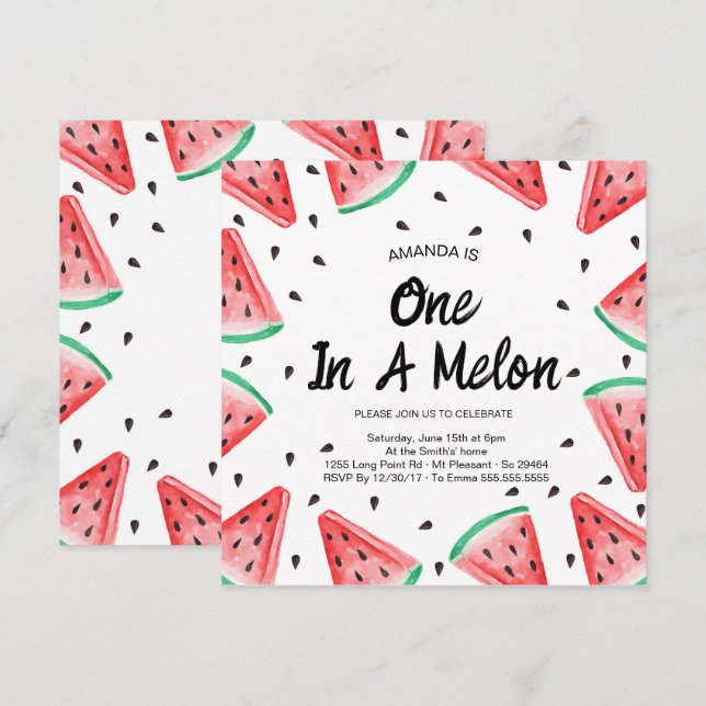 En i en melon Vattenmelon Flickas 1-årsdag  Inbjudningar (Fram/baksida)