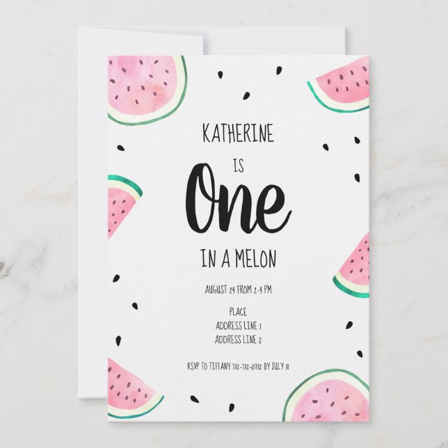 En i en melon Vattenmelon Första födelsedag Inbjudningar (Framsida)