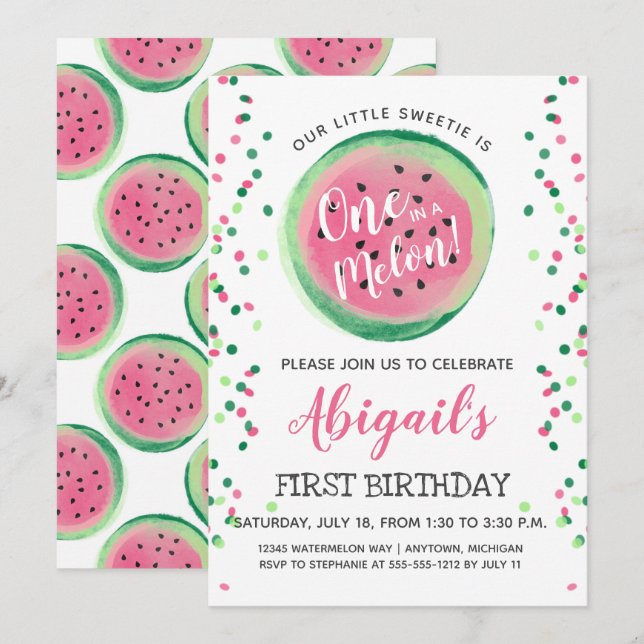 En i en melon Vattenmelon Första födelsedagsfest Inbjudningar (Fram/baksida)