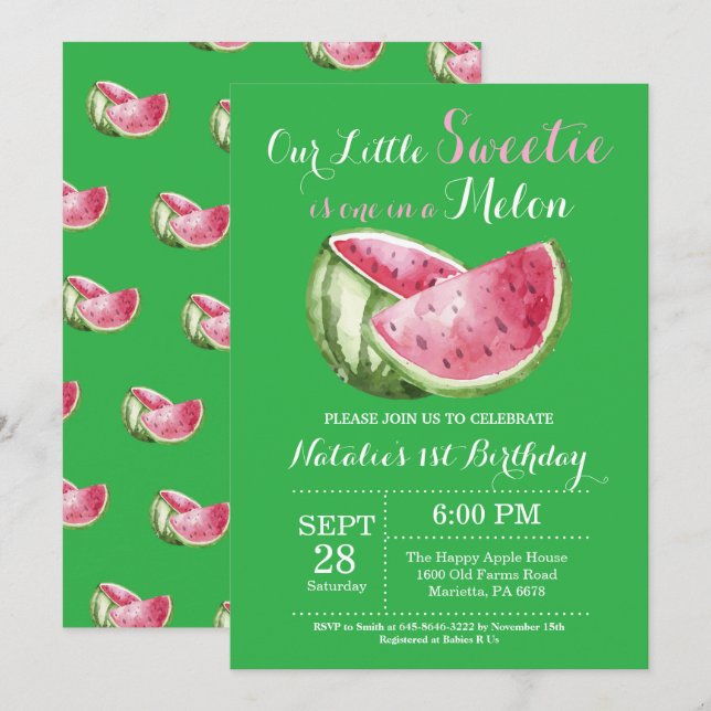 En i en melon Vattenmelon Första födelsedagsinbjud Inbjudningar (Fram/baksida)