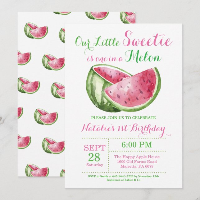 En i en Melon Vattenmelon Första Födelsedagsinbjud Inbjudningar (Fram/baksida)